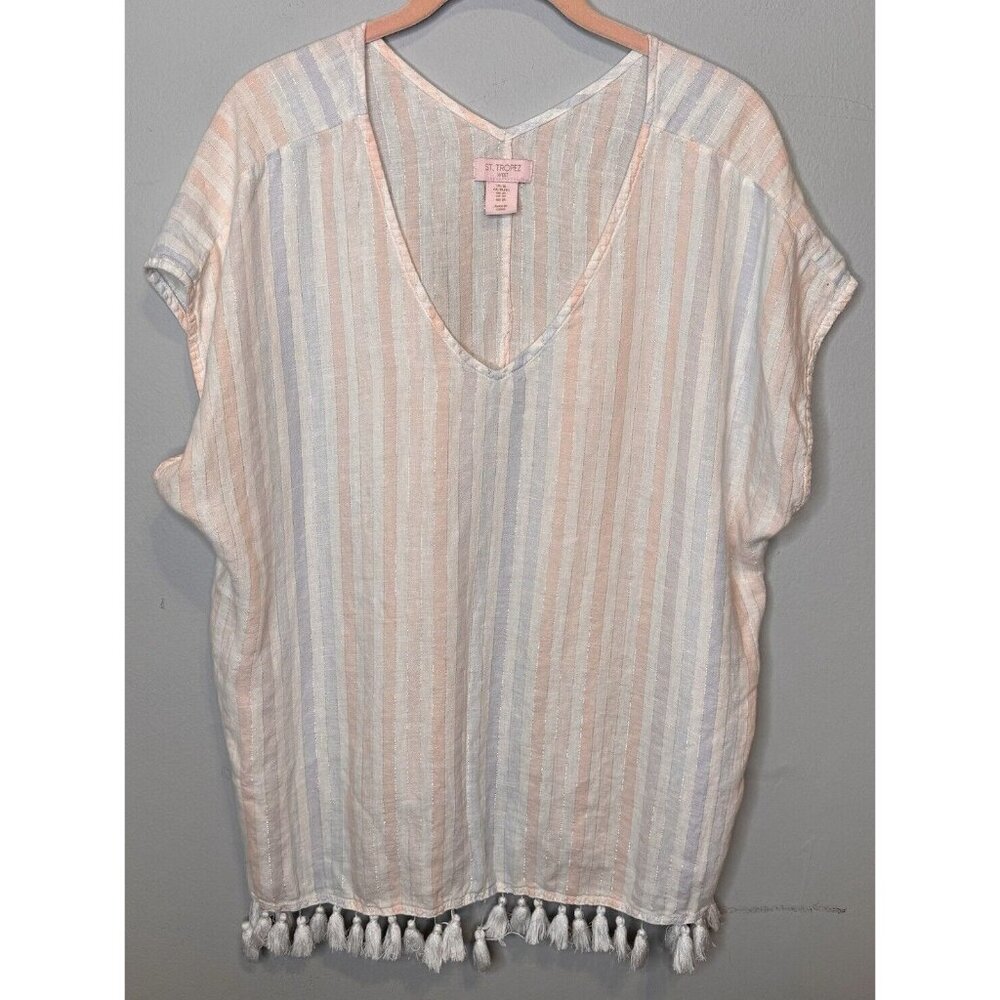 St. Tropez West Linen Kimono Top XL Striped Metallic Pink Blue Fringe